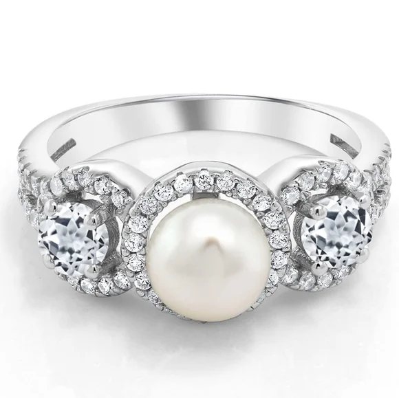 1.46ct White Topaz Diamond Pearl Ring Cultured Freshwater 925 Gift Engagement - Picture 2 of 3